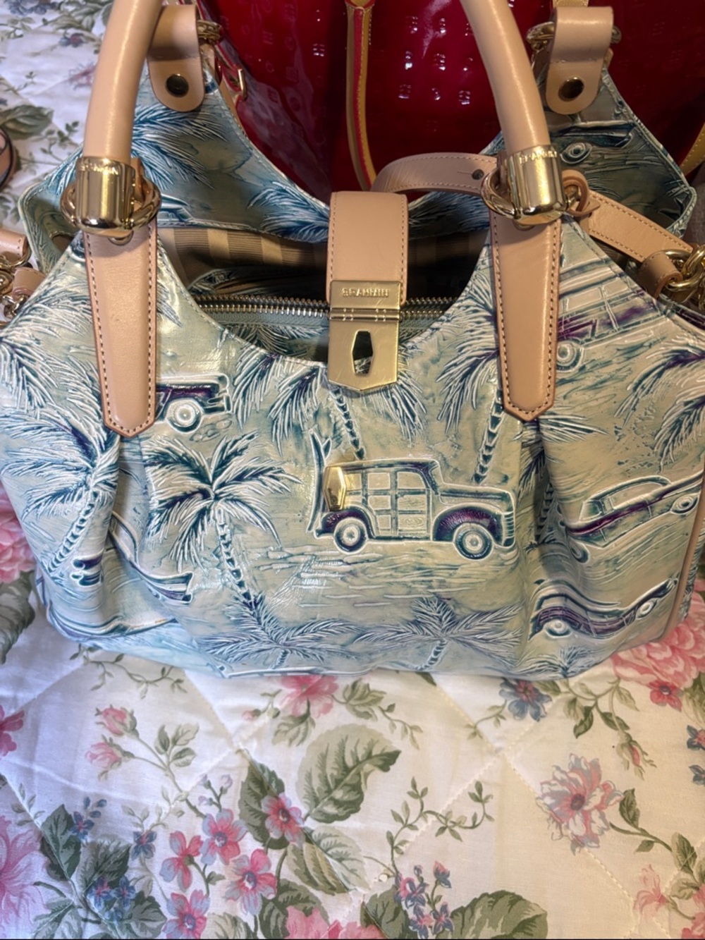 Blue Palm-Print Satchel with Beige Trim
Brahmin bag!!